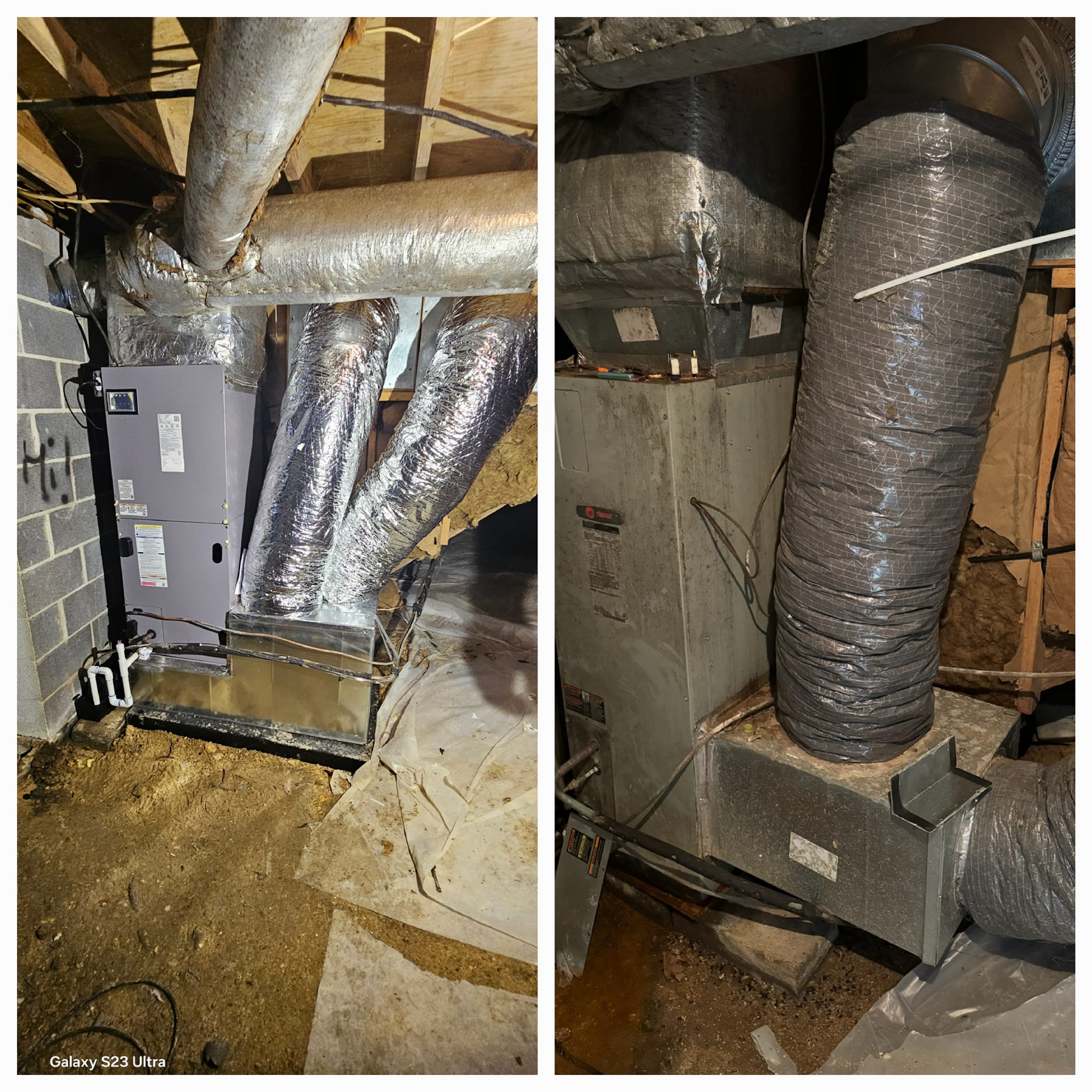 Side-by-side photos compare an older furnace setup with a newer installed system — diagnosing a furnace short-cycling